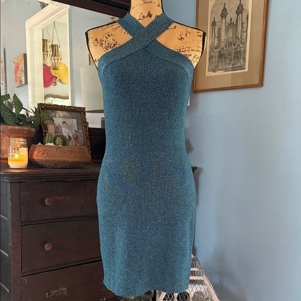 Sincerely Jules Metallic Teal Ribbed Halter Bodycon Mini Dress NWT Medium - Picture 12 of 14